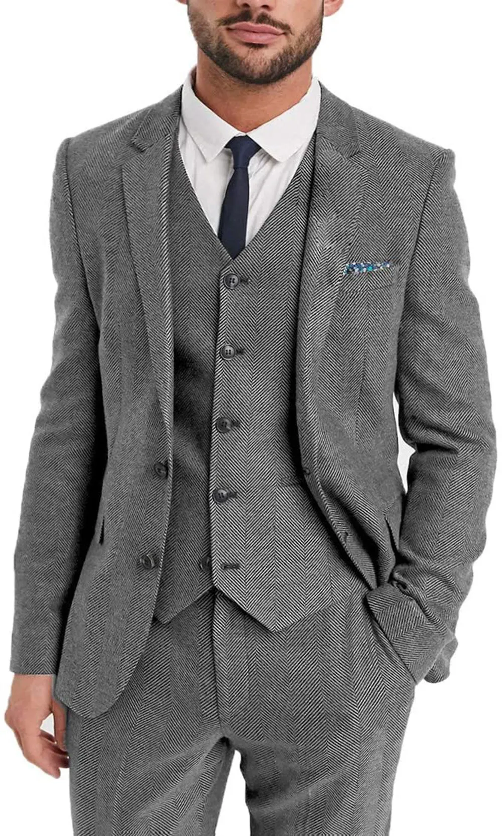 Vintage Classical 3 Pieces Mens Suit Herringbone Tweed Notch Lapel Tuxedos (Blazer vest Pants)