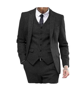 Vintage Classical 3 Pieces Mens Suit Herringbone Tweed Peak Lapel Tuxedos (Blazer vest Pants)