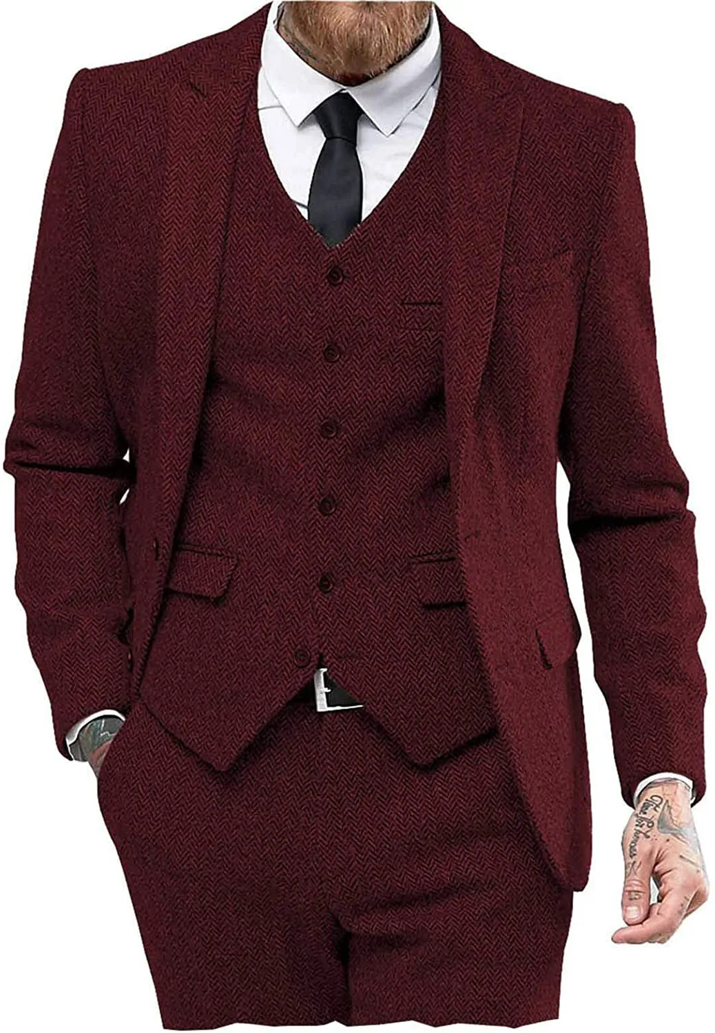 Vintage Classical 3 Pieces Mens Suit Herringbone Tweed Peak Lapel Tuxedos (Blazer vest Pants)