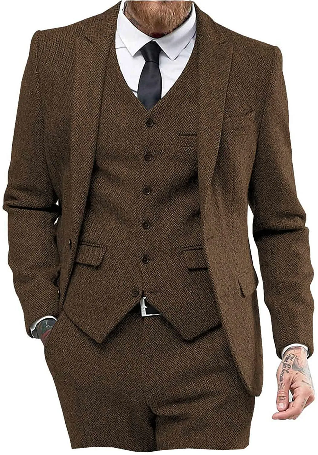 Vintage Classical 3 Pieces Mens Suit Herringbone Tweed Peak Lapel Tuxedos (Blazer vest Pants)