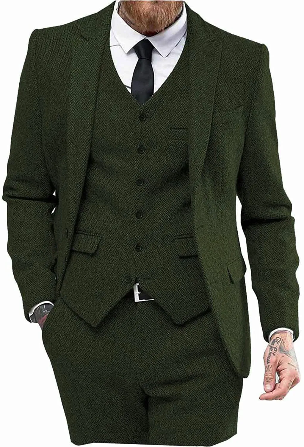 Vintage Classical 3 Pieces Mens Suit Herringbone Tweed Peak Lapel Tuxedos (Blazer vest Pants)
