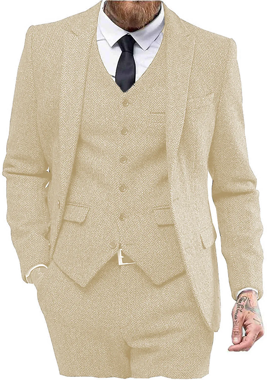 Vintage Classical 3 Pieces Mens Suit Herringbone Tweed Peak Lapel Tuxedos (Blazer vest Pants)