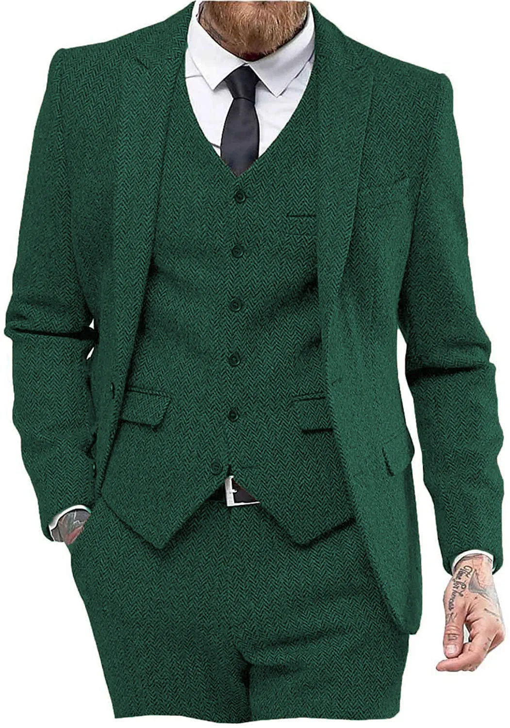 Vintage Classical 3 Pieces Mens Suit Herringbone Tweed Peak Lapel Tuxedos (Blazer vest Pants)