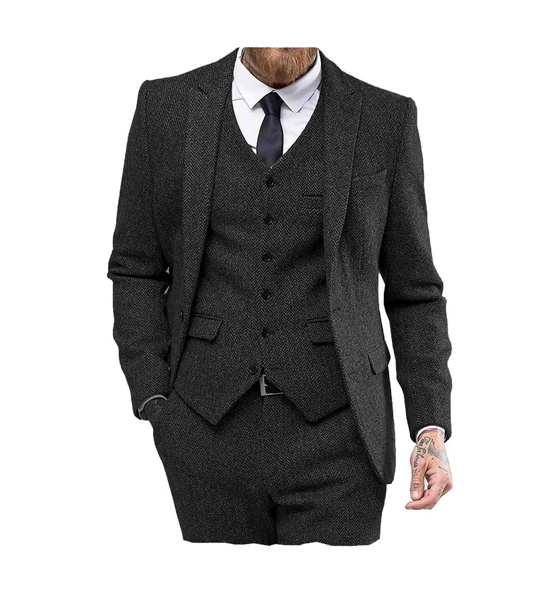 Vintage Classical 3 Pieces Mens Suit Herringbone Tweed Peak Lapel Tuxedos (Blazer vest Pants)