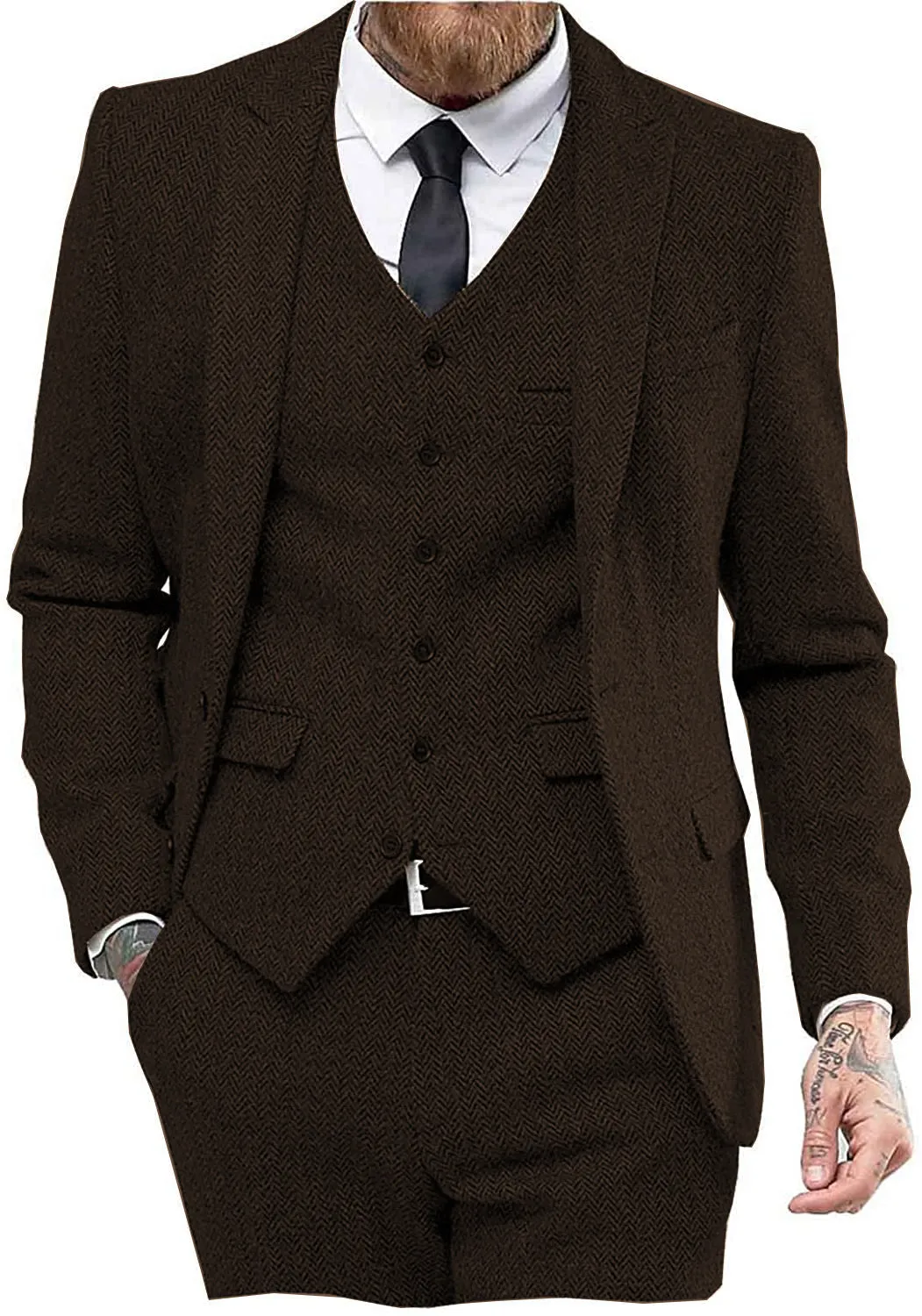 Vintage Classical 3 Pieces Mens Suit Herringbone Tweed Peak Lapel Tuxedos (Blazer vest Pants)
