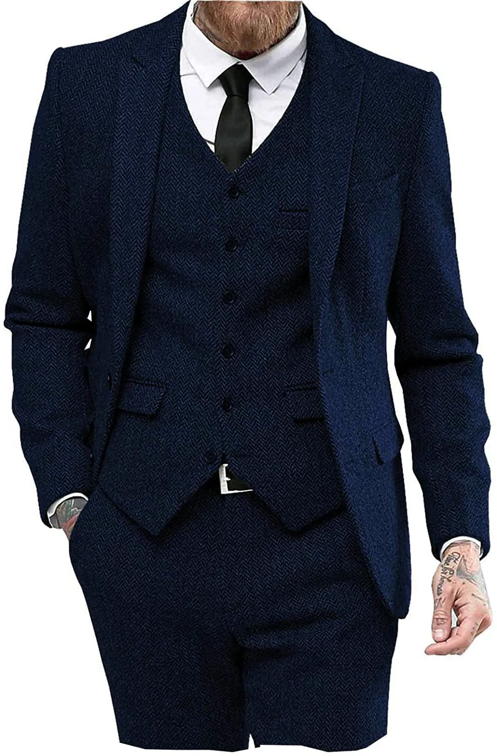 Vintage Classical 3 Pieces Mens Suit Herringbone Tweed Peak Lapel Tuxedos (Blazer vest Pants)