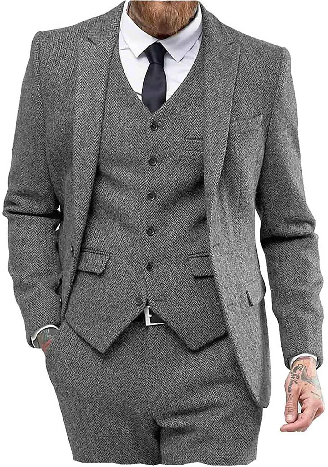 Vintage Classical 3 Pieces Mens Suit Herringbone Tweed Peak Lapel Tuxedos (Blazer vest Pants)
