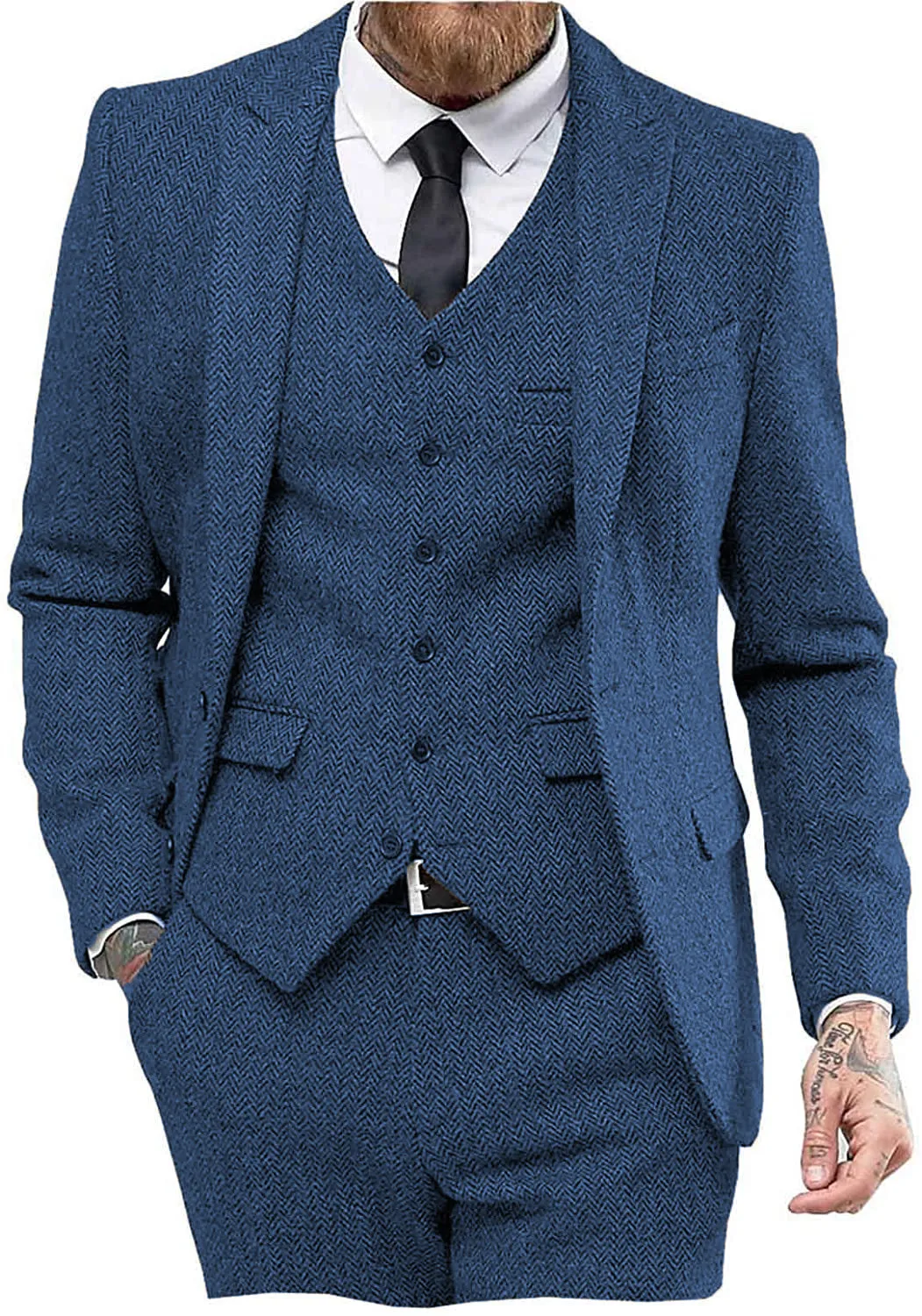 Vintage Classical 3 Pieces Mens Suit Herringbone Tweed Peak Lapel Tuxedos (Blazer vest Pants)