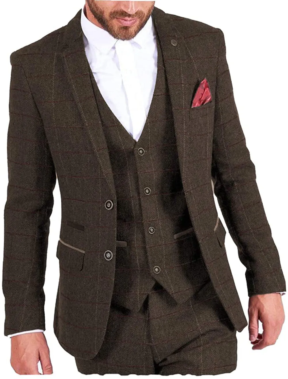 Vintage Classical Men's 3 Pieces Mens Herringbone Plaid Notch Lapel Suit (Blazer vest Pants)