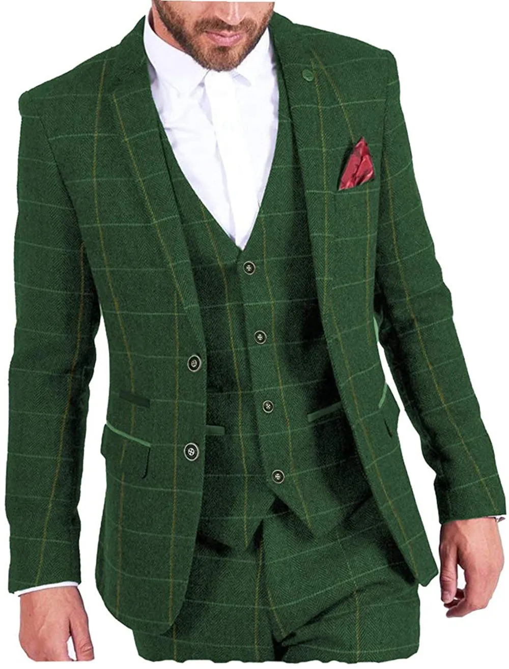 Vintage Classical Men's 3 Pieces Mens Herringbone Plaid Notch Lapel Suit (Blazer vest Pants)