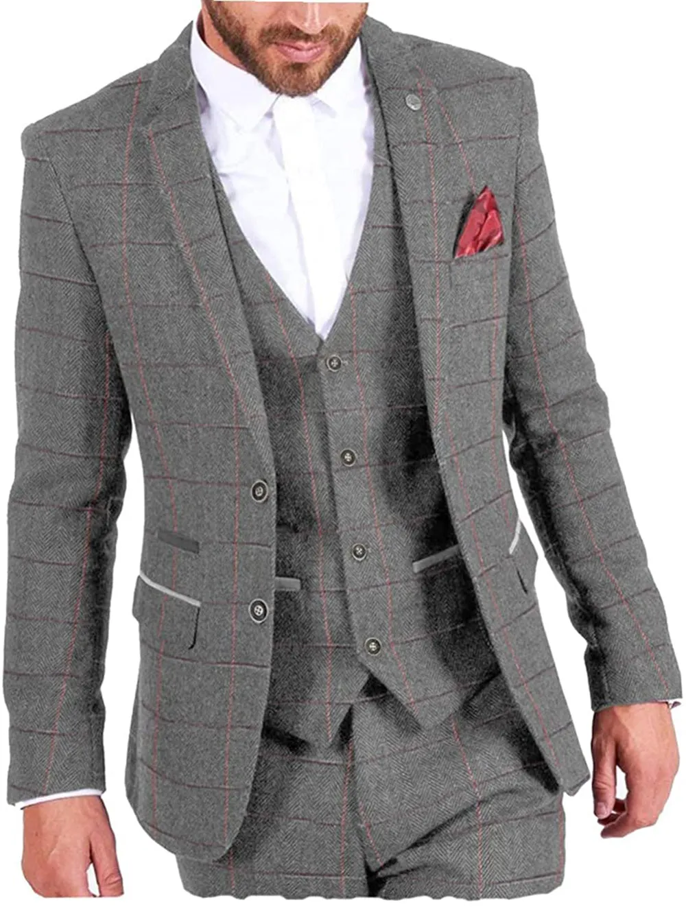 Vintage Classical Men's 3 Pieces Mens Herringbone Plaid Notch Lapel Suit (Blazer vest Pants)