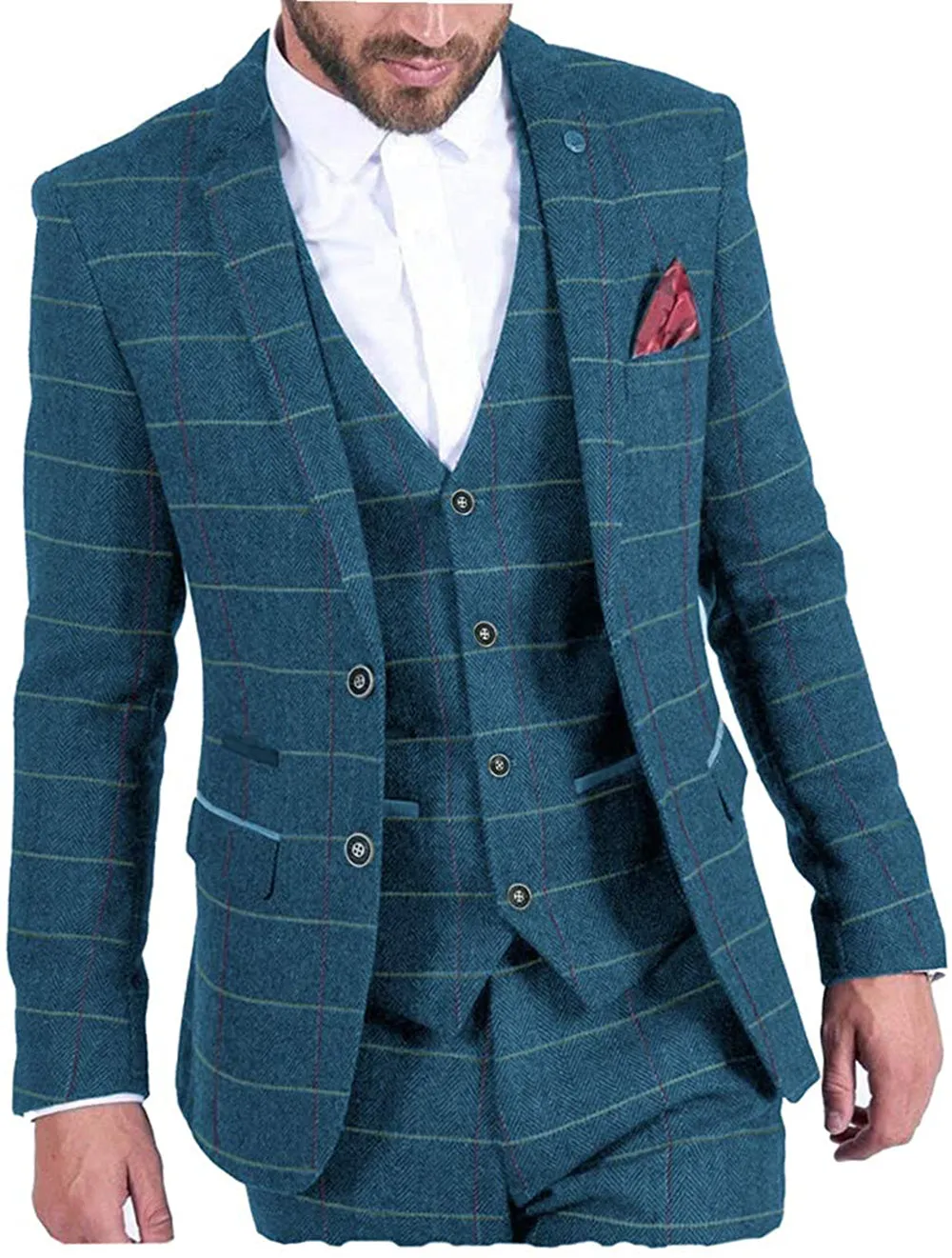 Vintage Classical Men's 3 Pieces Mens Herringbone Plaid Notch Lapel Suit (Blazer vest Pants)