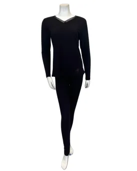 VPJ-RB-BLK Black Ribbed V Neck Pajamas Set