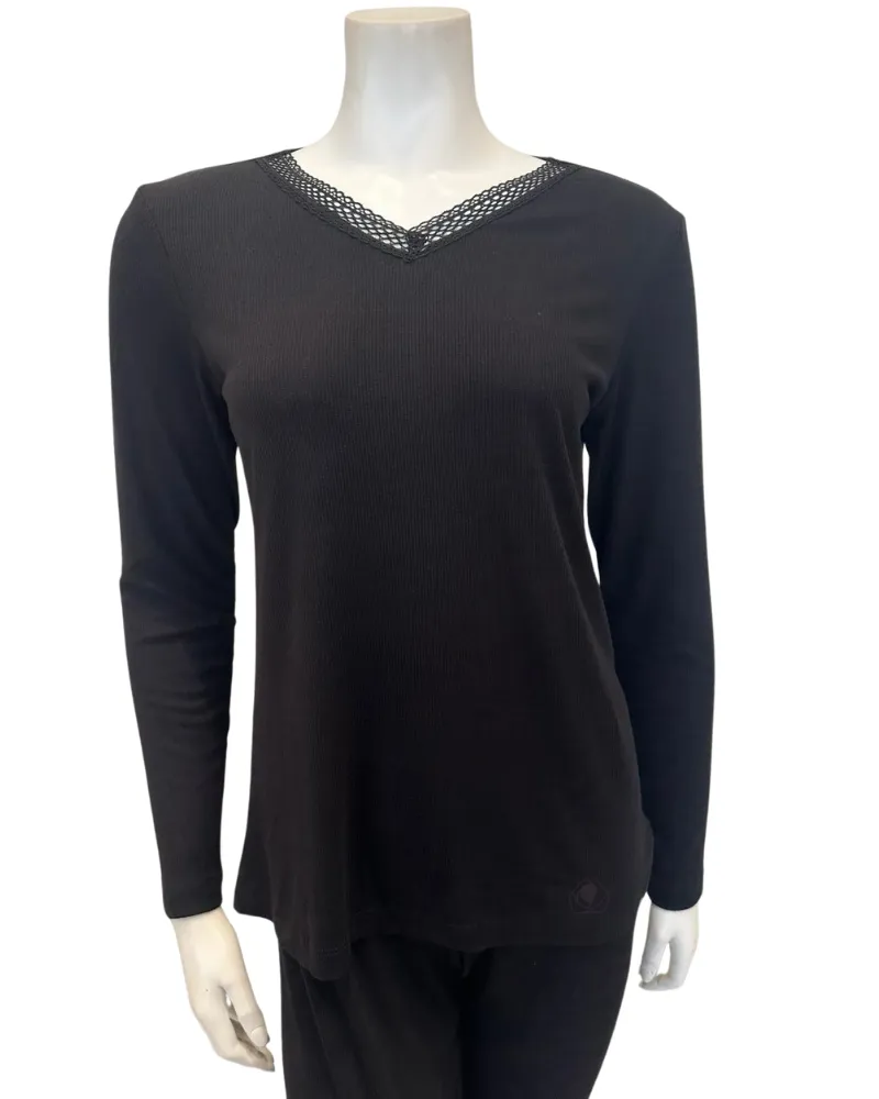VPJ-RB-BLK Black Ribbed V Neck Pajamas Set