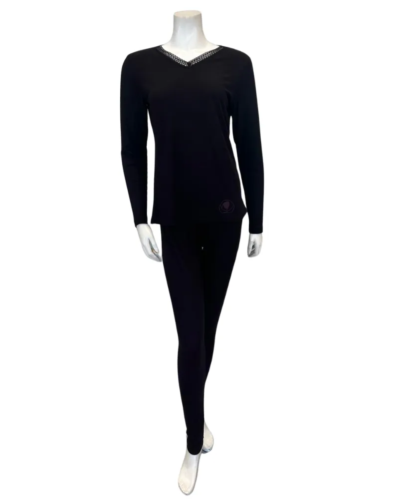 VPJ-RB-BLK Black Ribbed V Neck Pajamas Set