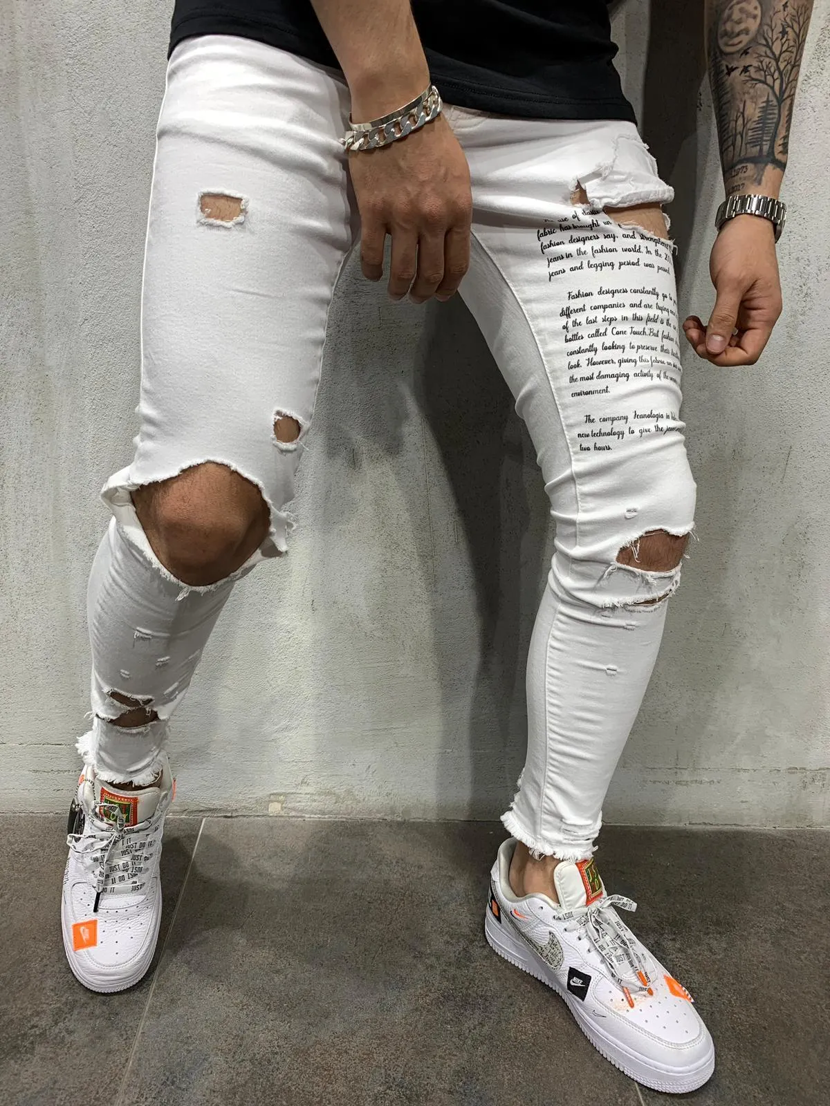 White Ripped Jeans - Black Type Print