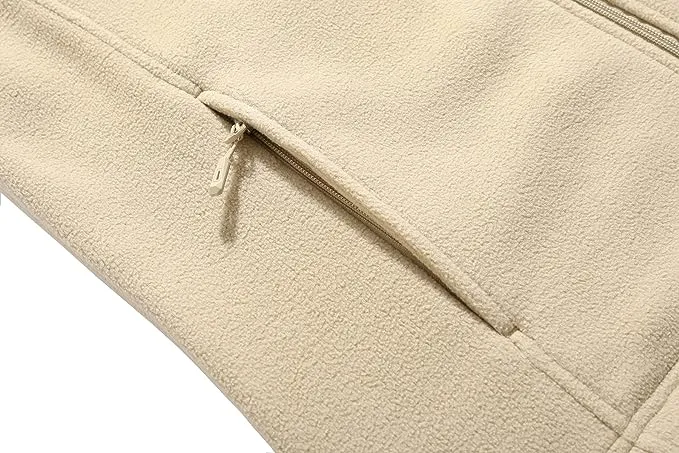 Wholesale Men's Full Zip Thermal Jackets With Pockets Soft Polar Fleece Coat - Beige