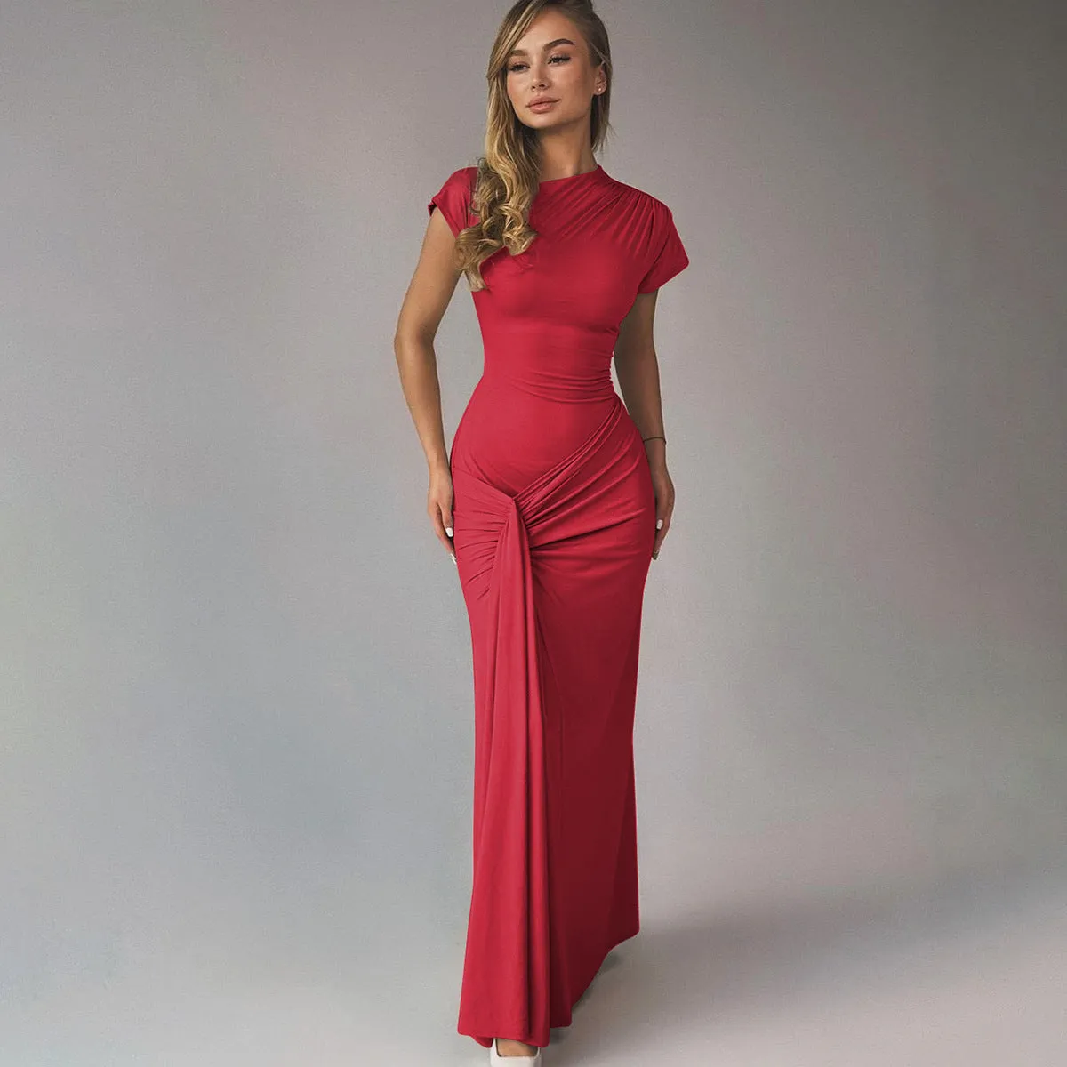 Womens Full-Length Dress  Satin Finish  Draped Waist  Short Sleeve Formal Wear