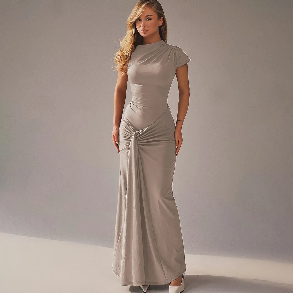 Womens Full-Length Dress  Satin Finish  Draped Waist  Short Sleeve Formal Wear