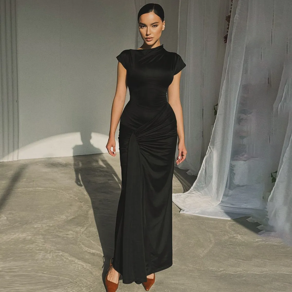 Womens Full-Length Dress  Satin Finish  Draped Waist  Short Sleeve Formal Wear