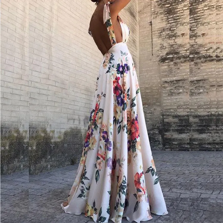 Womens Maxi Dress  Sleeveless Flowy Fit  Floral Print  Open Back  Formal Wear