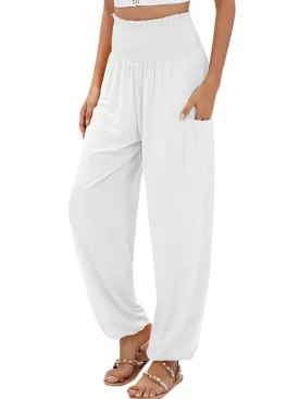 Women's Wide Smocked Waistband Pants - Solid Wide-Leg Trousers